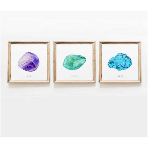 Set of 3 hand painted gemstones | Art print collection | Nursery wall décor | Gifts for art lovers | Home wall décor | Gallery gem prints
