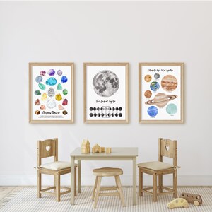Puede incluir: Tres impresiones enmarcadas en una pared blanca, con ilustraciones de piedras preciosas, el ciclo lunar y los planetas del sistema solar. Una mesa de madera con dos sillas y un taburete est&aacute;n en primer plano.