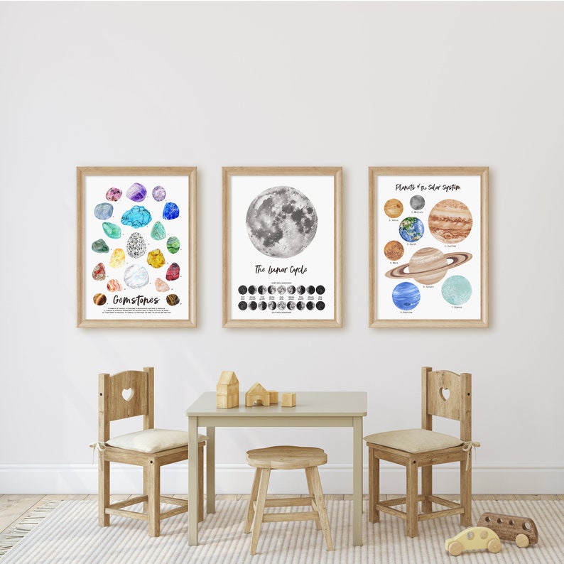 Puede incluir: Tres impresiones enmarcadas en una pared blanca, con ilustraciones de piedras preciosas, el ciclo lunar y los planetas del sistema solar. Una mesa de madera con dos sillas y un taburete est&aacute;n en primer plano.