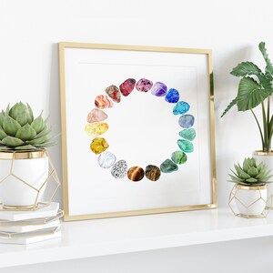 May include: A framed print of a colorful circle of gemstones, displayed on a white shelf with two potted succulents. The succulents are in white pots with gold accents and geometric wire stands.