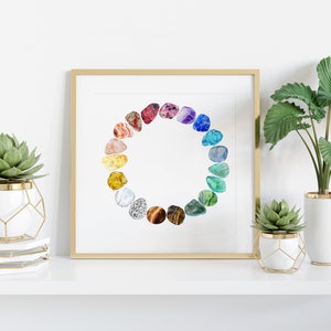 May include: A framed print of a watercolor painting of a circle of colorful gemstones. The print is displayed on a white shelf with two potted plants.