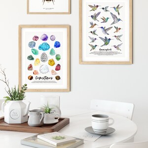 Puede incluir: Una mesa blanca con una bandeja de madera, una tetera blanca, dos tazas blancas, una peque&ntilde;a planta en maceta y un libro. Hay tres impresiones enmarcadas en la pared detr&aacute;s de la mesa. Las impresiones muestran un abejorro, una colecci&oacute;n de gemas y una variedad de colibr&iacute;es.