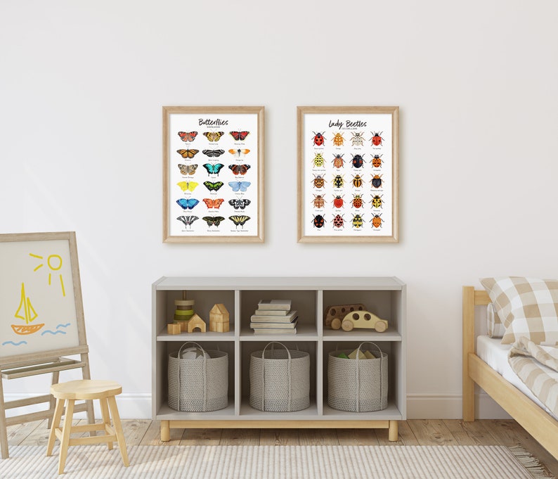 May include: Two framed educational posters for children, one titled "Butterflies" and the other "Lady Beetles". Each poster features colorful illustrations of various insects. The posters are displayed on a white wall above a gray bookshelf with wooden legs.
