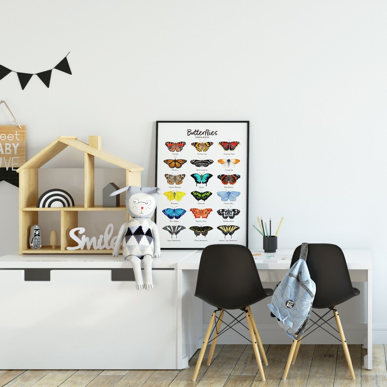 May include: A white poster with the word "Butterflies" in black text at the top. The poster features 20 colorful butterfly illustrations with their names listed below each butterfly. The poster is hanging on a white wall in a child's room. There is a wooden dollhouse, a stuffed animal, a white desk, and two black chairs with wooden legs in the room.