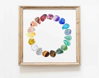 Rainbow of gemstones art print | Gemstone ring | Watercolor rainbow wall art | Girls room prints | Nursery wall décor | Colorful crystal art