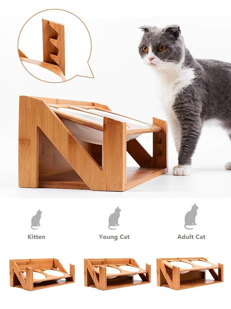 Quality ADJUSTABLE Elevated Cat Dining Table, Titled Wooden Stand wit…