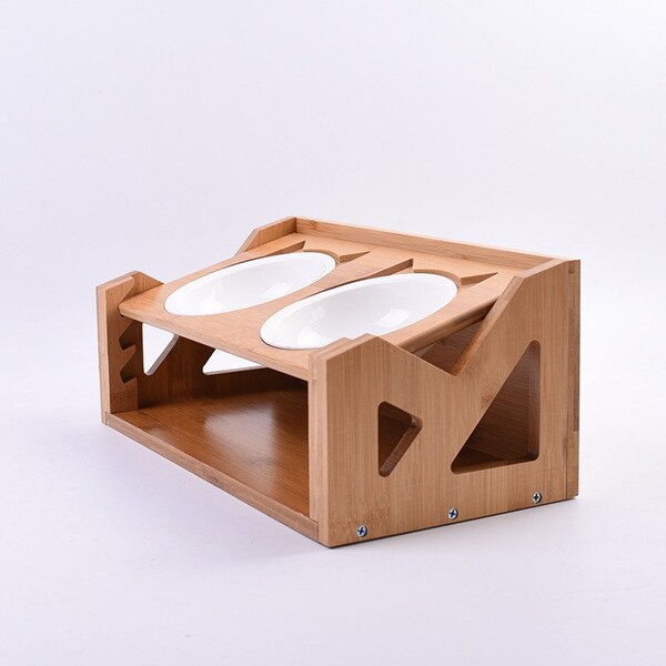 Premium Quality Adjustable Elevated Cat and Pet Dining Table, Titled Angle Raised Wooden Feeder with Dual Ceramic Bowls