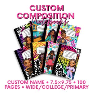 Puede incluir: Una colección de cuadernos de composición personalizados con cubiertas coloridas que presentan ilustraciones de mujeres. Los cuadernos tienen lomos con diseños de mármol en blanco y negro. El texto en la imagen dice "CUSTOM COMPOSITION NOTEBOOKS" y "CUSTOM NAME 19.05cm x 24.77cm 100 PAGES WIDE/COLLEGE/PRIMARY."