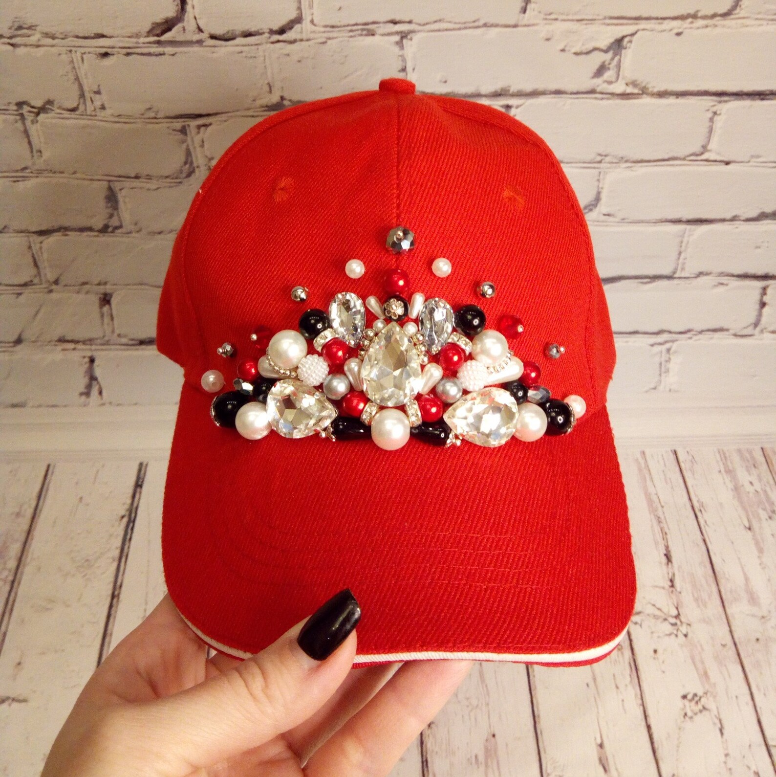 Red cap with rhinestones Hand Embroidered Custom Etsy