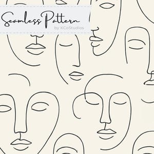 May include: A seamless pattern featuring abstract line drawings of faces in black on a cream background.