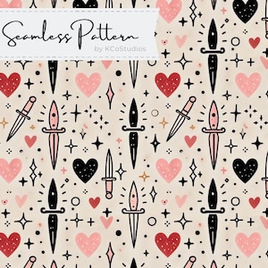 May include: A seamless pattern featuring a repeating design of pink, red, and black hearts, stars, and daggers on a beige background. The text "Seamless Pattern by KCoStudios" appears at the top of the design.