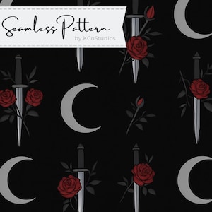 Puede incluir: Un patrón sin costuras con un diseño repetitivo de dagas plateadas, rosas rojas y lunas crecientes sobre un fondo negro.