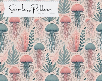 May include: A seamless pattern featuring pink and blue jellyfish with flowing tentacles, surrounded by delicate seaweed and bubbles on a light pink background.