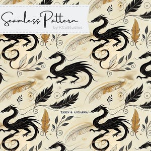 Feather Flame: Czarny i złoty wzór smoka bez szwu | Zainspirowane czwartym skrzydłem | Fantasy Feathers, Dragons Clipart| Natychmiastowe pobranie