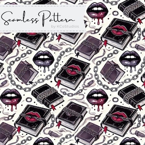 Atado y sangrante: Patrón sin costuras de romance oscuro / Imprimible gótico con un toque de libros picantes / Libros encadenados, labios, arte fantástico / Descarga instantánea