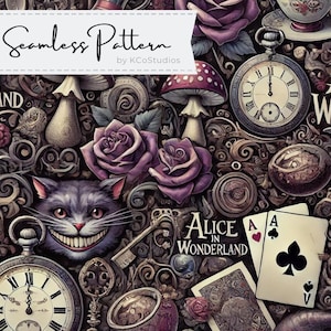 Può includere: Un motivo senza cuciture con un tema di Alice nel Paese delle Meraviglie. Il design include un gatto del Cheshire, carte da gioco, rose, funghi e orologi da tasca. Lo sfondo è un motivo scuro e intricato.