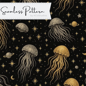 May include: A seamless pattern featuring gold and silver jellyfish, stars, and planets on a black background. The pattern is perfect for fabric, wallpaper, or other decorative projects.