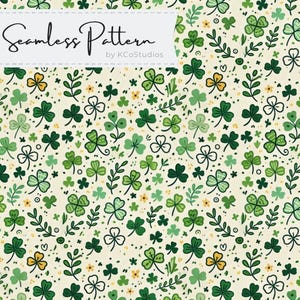 May include: A seamless pattern featuring a light green background with a repeating pattern of green four-leaf clovers, green leaves, and small yellow flowers.