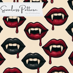 May include: Seamless pattern featuring stylized vampire lips in black and red with sharp fangs and a blood drip. The design includes the text "Seamless Pattern" by KCoStudios.