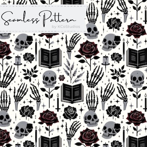 Può includere: Uno schema senza cuciture con illustrazioni in bianco e nero di teschi, rose, mani, candele e libri aperti su uno sfondo bianco. Lo schema è perfetto per progetti a tema Halloween o gotico.