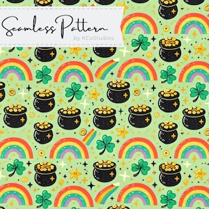 May include: A seamless pattern featuring a green background with gold pots of coins, rainbows, shamrocks, and gold stars. The text "Seamless Pattern by KCoStudios" is at the top of the image.