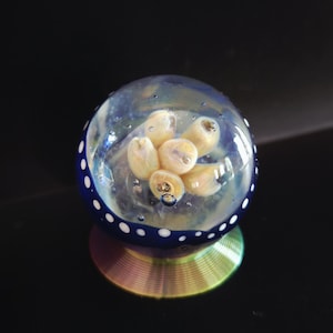 May include: A clear glass marble with a blue and white dotted rim, showcasing a cluster of cream-colored, pod-like shapes within. The marble sits atop a metallic, multi-colored base, creating a unique decorative piece.