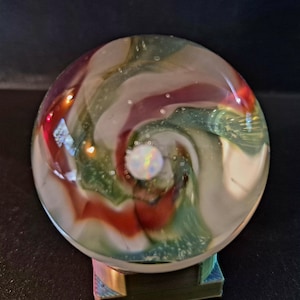 Vortex Marble with Floating Opal – Green Red Swirl Glass Sphere (1.82 inches)