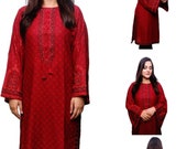 Women Indian Pakistani Maroon Kurti Kurta Dress Light Soft Khaddar Embroidered Designer Tunic Tops