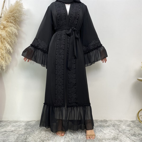 Women Open Abaya Embroidered Long Black Sleeve Maxi Dress Formal Party Jilbab Dubai Gown by Sufia Fashions® SF102