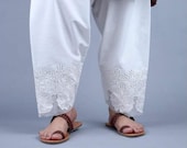 Embroidered White Cotton Shalwar Trousers, Pakistani Indian Pants