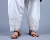 Ladies Pakistani Indian Trousers White Pants Shalwar Salwar Cotton with Full Embroidery,Pure cotton relaxed-fit SF104