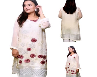 Women Indian Pakistani Kurti Kurta Stylish Chiffon with Lining Full Embroidered Tunic Tops Ethnic Dress