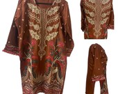 Women Kurti Kurta Brown Embroidery Silk Designer Pakistani Stitched Party Dress Tunic Tops by Sufia Fashions SF89