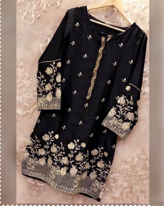 Women Designer Short Fancy Ethnic Top Embroidery Kurti Tunic Black Shirt  RJ08 | eBay