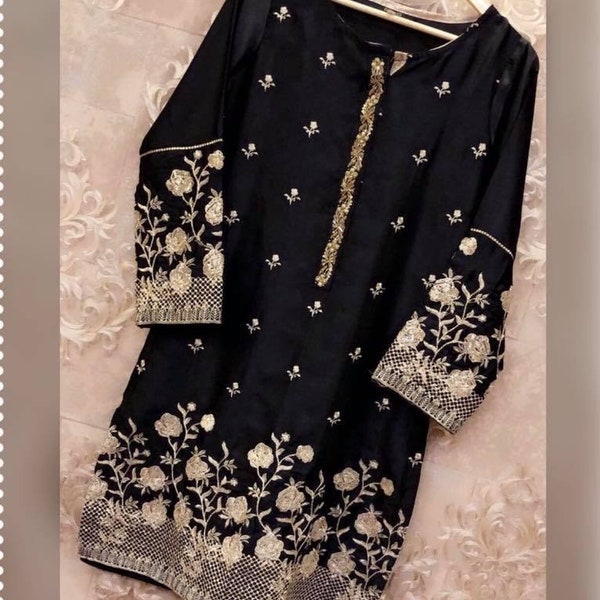 Women Indian Kurti Kurta Black Embroidery Silk Designer Stitched  Plus size Tunic Tops by Sufia Fashions SF52