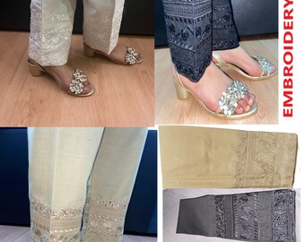 Plus Size UK 8 - UK 24 Ladies Pakistani Indian Trousers Pants Shalwar Salwar Cotton with Embroidery, Loose Pure cotton relaxed-fit Design 2