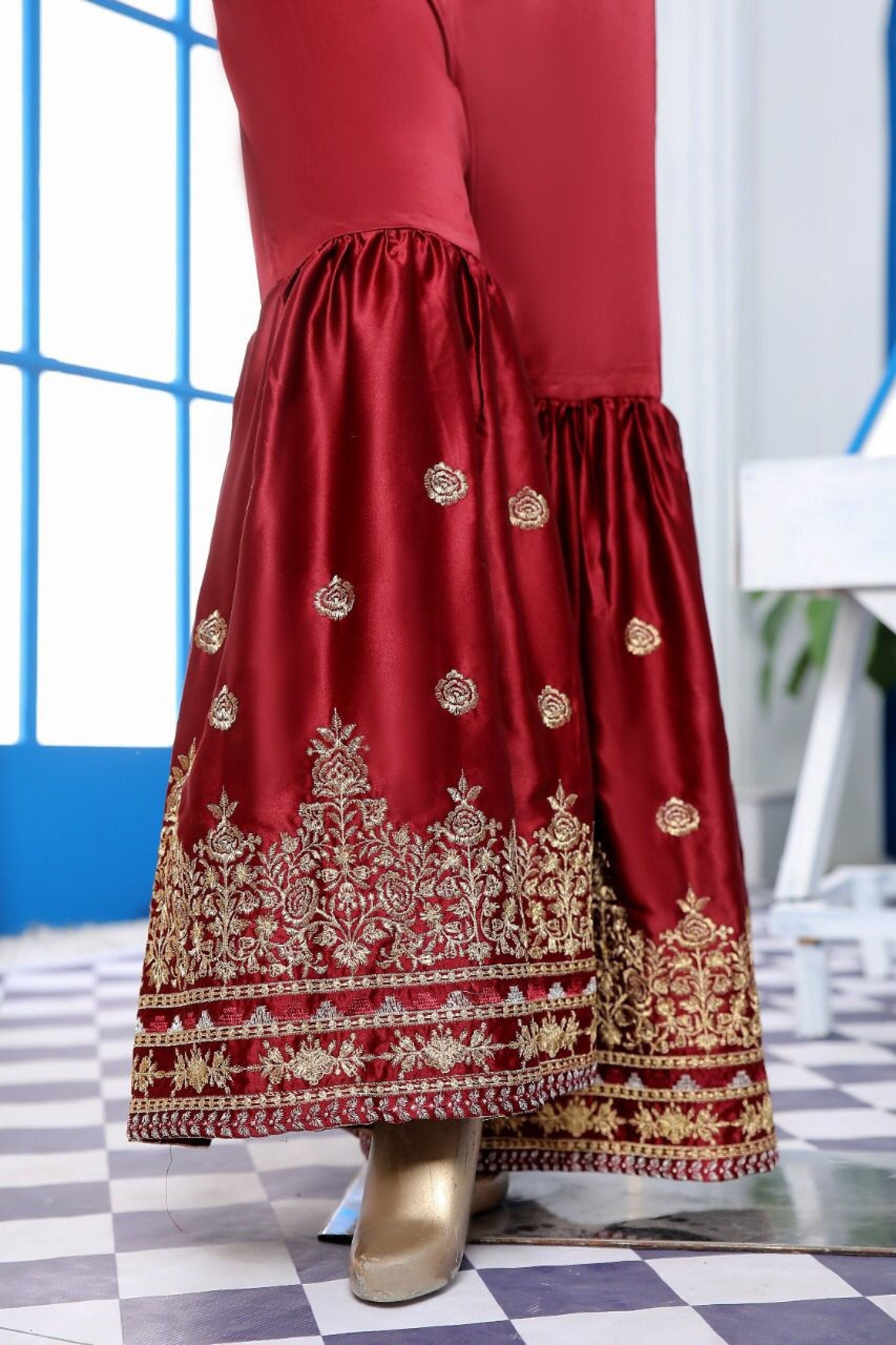 Buy Ladies Trousers Pakistani Indian Wedding Sharara Maroon Embroidery Pant Women  Salwar Shalwar SF101 Online in India 