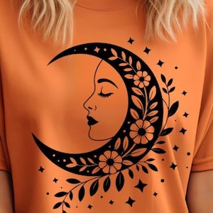 Floral Moon Lady SVG, Witchy Crescent PNG Bundle, Floral Moon and Stars Clipart Sublimation, Silhouette Cut File, Woman Face Design