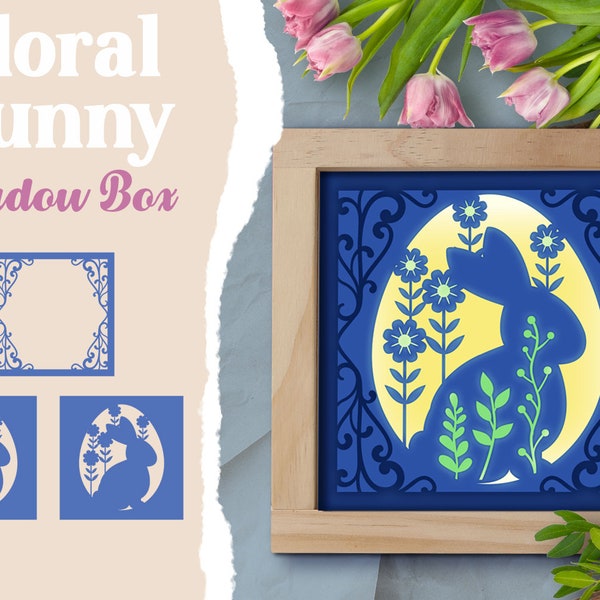 Easter Floral Bunny Shadow Box, Flowers Shadow Box, Rabbit Shadow Box, Paper Cut Easter Bunny SVG, Papercut Easter SVG, Easter SVG Scene