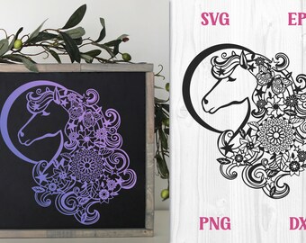 Blumen Mandala Einhorn SVG, Zentangle Papierschnitt (Digitaler Download)