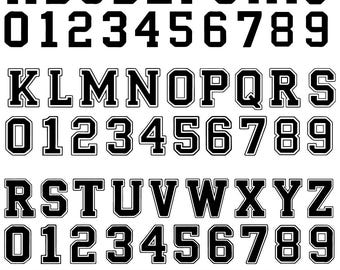 May include: Black varsity-style alphabet letters and numbers with white outlines. The image displays the letters A through Z and the numbers 0 through 9. The bottom of the image includes the text "SVG EPS PNG DXF".