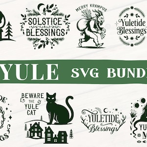 May include: A Yule SVG bundle with various black and white designs. The designs include a cat on a house, a Krampus figure, wreaths with text, and a woman with a crescent moon. The text includes "Solstice Blessings", "Merry Krampus", and "Yuletide Blessings".