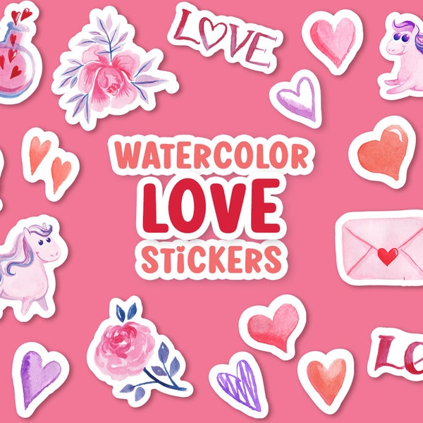 Watercolor Love Sticker Bundle, Love Clipart Bundle, Valentines PNG Stickers, Watercolor Heart, Watercolor Love Letter, Love Potion Clipart