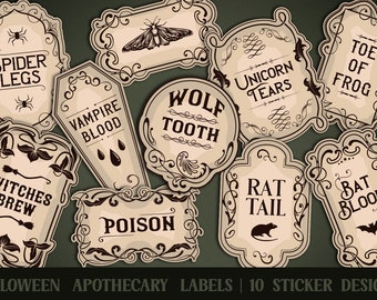 Vintage Halloween Apothecary Labels, Spooky Stickers (PNG, JPG)