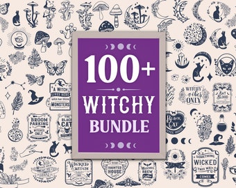 May include: A purple rectangle with the text "100+ Witchy Bundle" in white. The rectangle is surrounded by a variety of black and white illustrations of witches, cats, moons, and other witchy imagery.