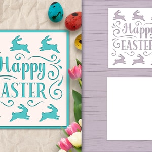 Feliz Páscoa Papercut Cartão SVG, Cartão em camadas com coelhinhos, Corte a laser Páscoa SVG, Papercut Cartão de coelhinho da Páscoa SVG, Presente de Páscoa
