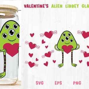 Emballage de verre extraterrestre amour Saint-Valentin, Saint-Valentin peut envelopper svg, coeur SVG, SVG extraterrestre, modèle de papier peint, papier peint personnage, modèle svg amour