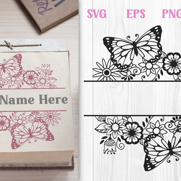 Floral Monogram with Butterflies SVG, Butterflies Split Monogram SVG, Butterfly Monogram svg, Floral SVG Monogram, Floral Mailbox Decal svg