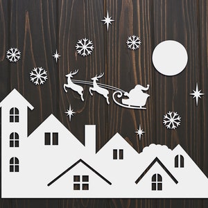 Weihnachten SVG-Szene, Weihnachtsszene mit Weihnachtsmann, Weihnachtsmann mit Schlitten, Rentiere Winterszene, Weihnachtsszene mit Stadt und Rentierschlitten