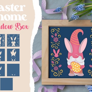 Osterzwerg Schattenbox, Osterei Schattenbox, Papierschnitt Osterzwerg, Papierschnitt Frühling SVG, Geschichteter Gnom SVG, Hase